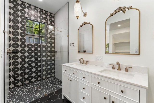 1764 Chestnut St, Redding, CA 96001 - bathroom with double vanity, a walk in shower, and tile patterned flooring