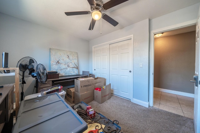 1136 Woodland Ter, Redding, CA 96002 - carpeted home office with a ceiling fan, baseboards, and tile patterned floors