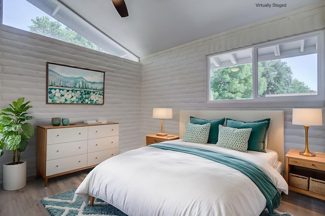 3090 Inez St, Redding, CA 96002 - bedroom featuring lofted ceiling, wood finished floors, and ceiling fan