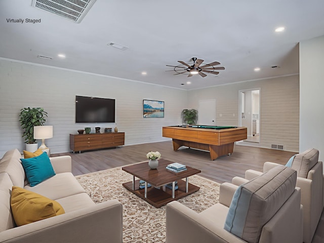 3090 Inez St, Redding, CA 96002 - living area featuring billiards, wood finished floors, recessed lighting, a ceiling fan, and crown molding
