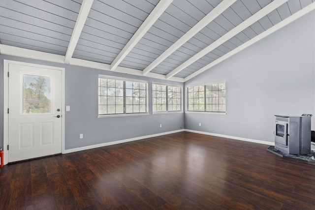 2420 Ostling Ave, Shasta Lake, CA 96019 - unfurnished living room featuring a wood stove, healthy amount of natural light, wood ceiling, and wood finished floors
