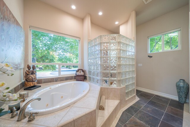 3179 Pinot Path, Redding, CA 96001 - bathroom with a jetted tub, baseboards, walk in shower, and recessed lighting