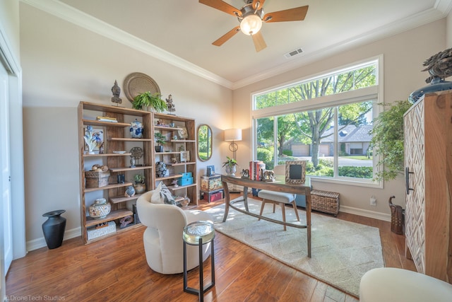 3179 Pinot Path, Redding, CA 96001 - office area featuring a ceiling fan, ornamental molding, wood finished floors, and baseboards