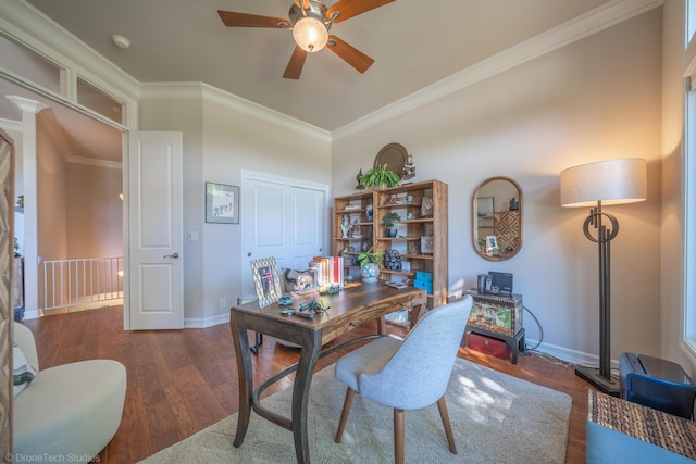 3179 Pinot Path, Redding, CA 96001 - office area featuring ceiling fan, wood finished floors, ornamental molding, and baseboards