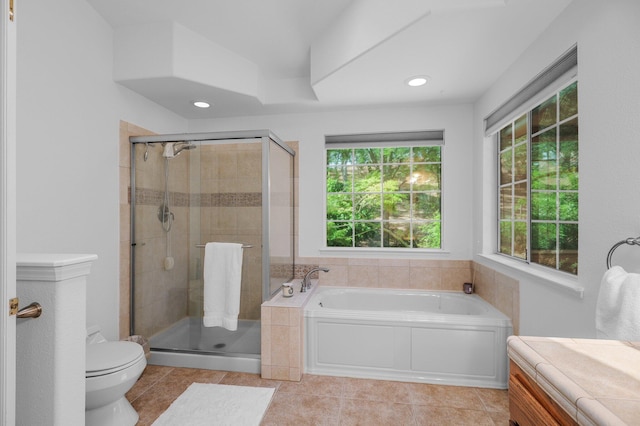 21247 Creekside Dr, Red Bluff, CA 96080 - bathroom with a garden tub, a stall shower, toilet, tile patterned floors, and recessed lighting
