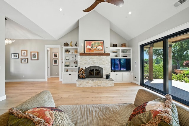 180 Agua Verdi Dr, Red Bluff, CA 96080 - living room featuring high vaulted ceiling, a fireplace, light wood-style flooring, a ceiling fan, and recessed lighting