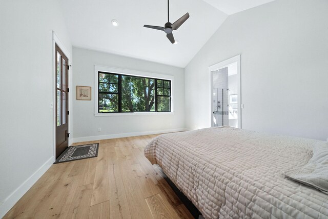 180 Agua Verdi Dr, Red Bluff, CA 96080 - bedroom featuring light wood finished floors, lofted ceiling, and a ceiling fan