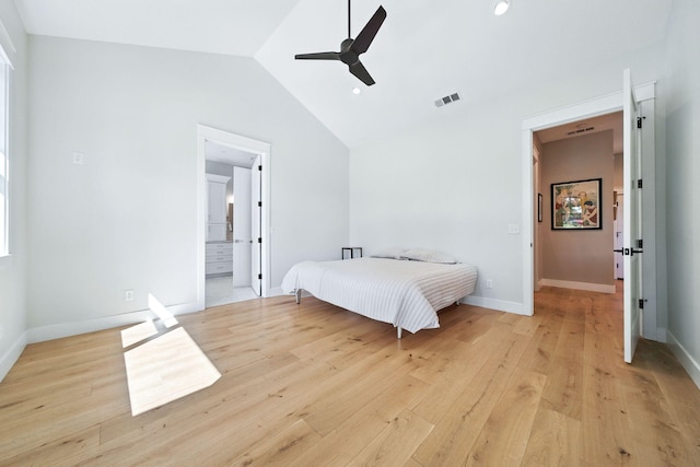 180 Agua Verdi Dr, Red Bluff, CA 96080 - bedroom with vaulted ceiling, light wood finished floors, recessed lighting, connected bathroom, and ceiling fan