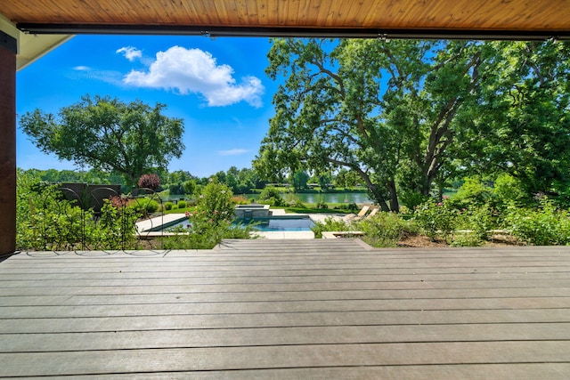 180 Agua Verdi Dr, Red Bluff, CA 96080 - wooden terrace featuring a water view and a pool with connected hot tub