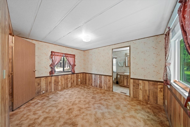 7530 Brett Rd, Shingletown, CA 96088 - unfurnished room with a wainscoted wall, plenty of natural light, wooden walls, carpet, and wallpapered walls