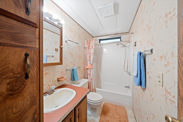 7530 Brett Rd, Shingletown, CA 96088 - bathroom featuring wallpapered walls, toilet, shower / bathtub combination with curtain, vanity, and a textured ceiling