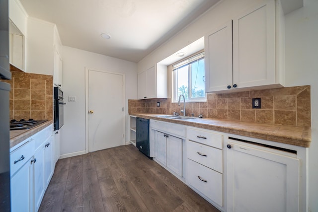 852 Lake Blvd, Redding, CA 96003 - kitchen featuring a sink, black appliances, tasteful backsplash, white cabinetry, and dark wood-style floors