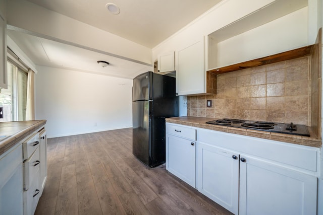852 Lake Blvd, Redding, CA 96003 - kitchen featuring black appliances, white cabinets, backsplash, dark wood finished floors, and tile countertops