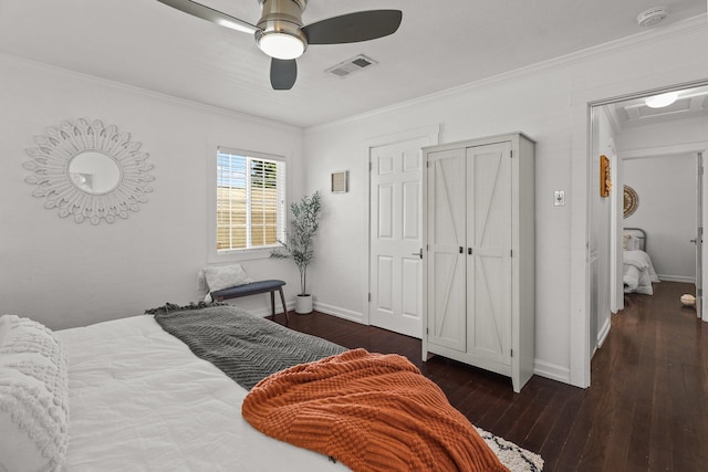 1545 Olive Ave, Redding, CA 96001 - bedroom with hardwood / wood-style flooring, ornamental molding, and a ceiling fan