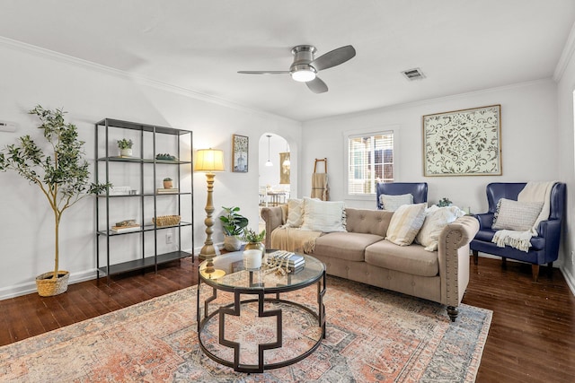 1545 Olive Ave, Redding, CA 96001 - living area with a ceiling fan, hardwood / wood-style flooring, ornamental molding, and arched walkways