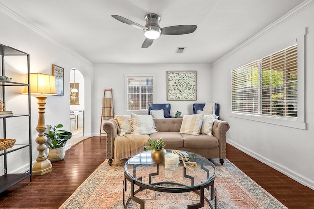 1545 Olive Ave, Redding, CA 96001 - living room featuring ornamental molding, a ceiling fan, and wood finished floors