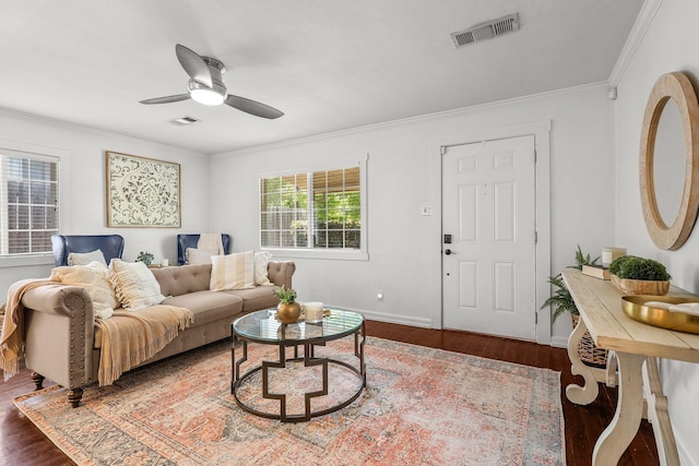 1545 Olive Ave, Redding, CA 96001 - living room featuring wood finished floors, ornamental molding, and a ceiling fan