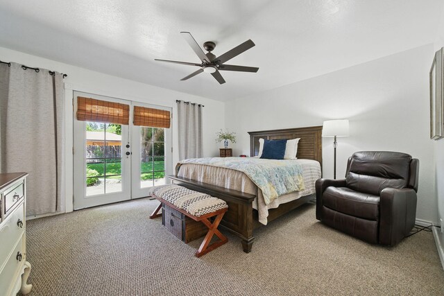 6966 Granada Dr, Redding, CA 96002 - bedroom featuring access to exterior, french doors, light carpet, and a ceiling fan