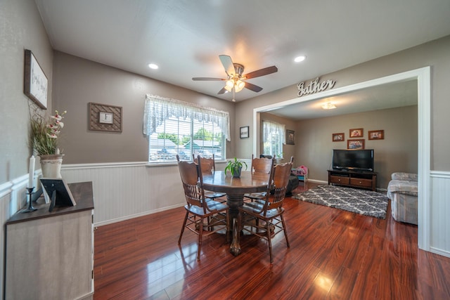 37255 Carson St, Burney, CA 96013 - dining room with dark wood-style floors, a ceiling fan, a wainscoted wall, and recessed lighting