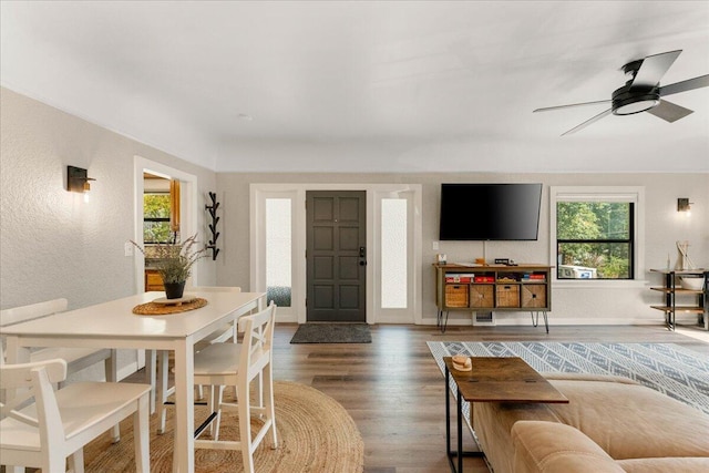 4400 Allen St, Dunsmuir, CA 96025 - living area with wood finished floors, a ceiling fan, and a textured wall