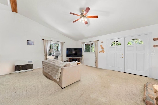 30821 Bambi Dr, Shingletown, CA 96088 - carpeted living room with vaulted ceiling, healthy amount of natural light, and ceiling fan