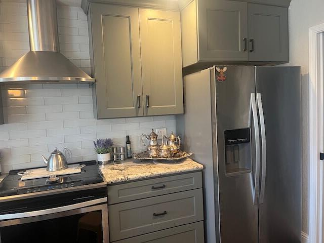 3837 Appalachian Way, Redding, CA 96001 - kitchen with stainless steel refrigerator with ice dispenser, wall chimney exhaust hood, gray cabinets, backsplash, and oven