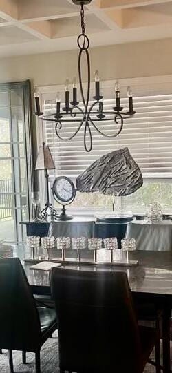 3837 Appalachian Way, Redding, CA 96001 - detailed view of coffered ceiling, a chandelier, and beamed ceiling