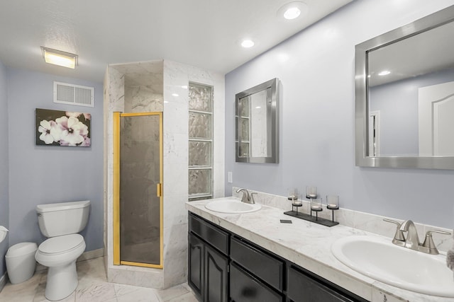 409 Ridgecrest Trl, Redding, CA 96003 - bathroom with double vanity, a stall shower, marble look tiles, and recessed lighting
