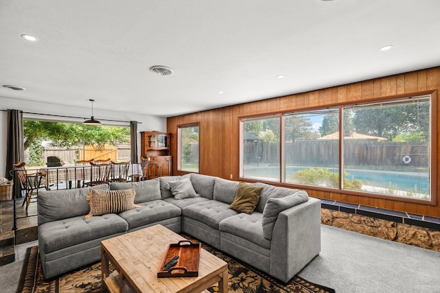 3371 Bardick Rd, Anderson, CA 96007 - carpeted living room with recessed lighting and wooden walls