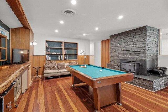 3371 Bardick Rd, Anderson, CA 96007 - rec room with a fireplace, a wainscoted wall, wood finished floors, billiards table, and wood walls
