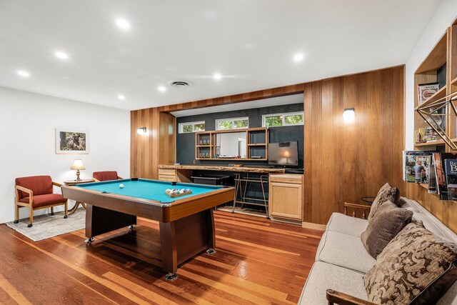 3371 Bardick Rd, Anderson, CA 96007 - playroom with pool table, wood-type flooring, wooden walls, recessed lighting, and a dry bar