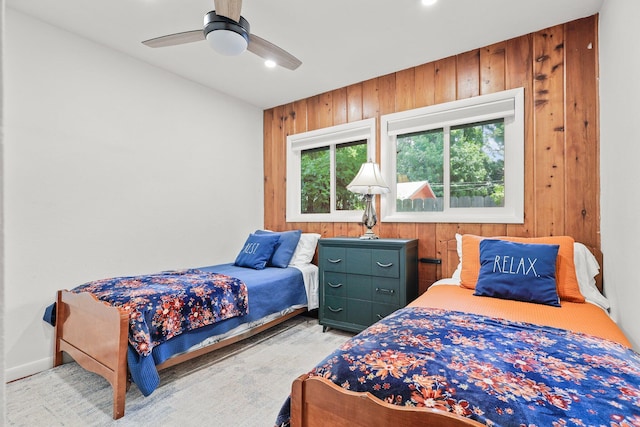 3371 Bardick Rd, Anderson, CA 96007 - bedroom featuring multiple windows, wooden walls, recessed lighting, ceiling fan, and light wood-style floors