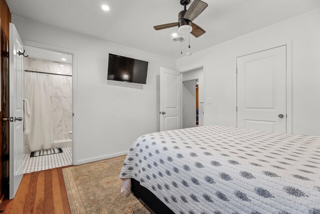 3371 Bardick Rd, Anderson, CA 96007 - bedroom with wood finished floors, ensuite bath, recessed lighting, and a ceiling fan
