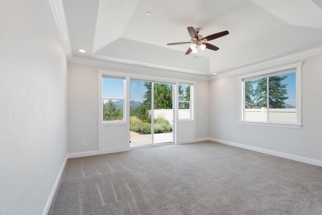 4537 Risstay Way, Shasta Lake, CA 96019 - unfurnished room featuring a raised ceiling, ornamental molding, ceiling fan, light carpet, and recessed lighting
