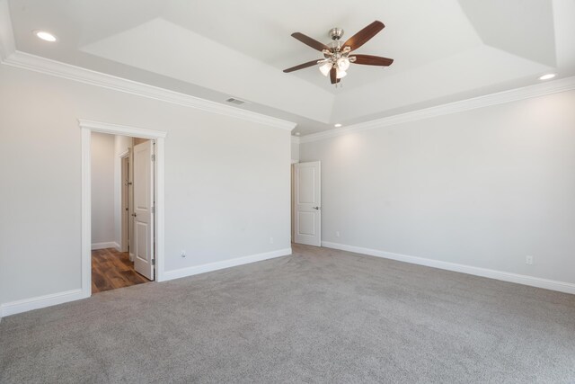 4537 Risstay Way, Shasta Lake, CA 96019 - unfurnished room featuring a raised ceiling, carpet flooring, a ceiling fan, crown molding, and recessed lighting