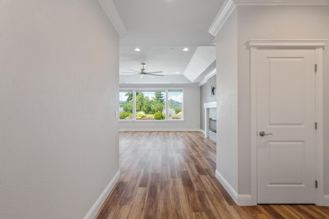 4537 Risstay Way, Shasta Lake, CA 96019 - hallway with wood finished floors, crown molding, recessed lighting, and a raised ceiling