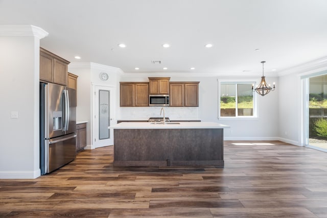 4537 Risstay Way, Shasta Lake, CA 96019 - kitchen featuring stainless steel appliances, dark wood-style floors, light countertops, a chandelier, and recessed lighting