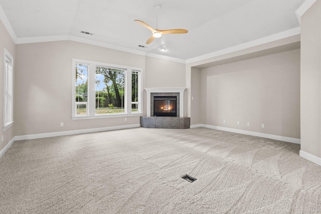 4230 Brittany Dr, Redding, CA 96002 - unfurnished living room featuring crown molding, carpet flooring, ceiling fan, a fireplace, and lofted ceiling