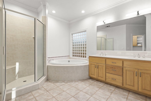 4230 Brittany Dr, Redding, CA 96002 - full bath featuring double vanity, a bath, a shower stall, ornamental molding, and recessed lighting