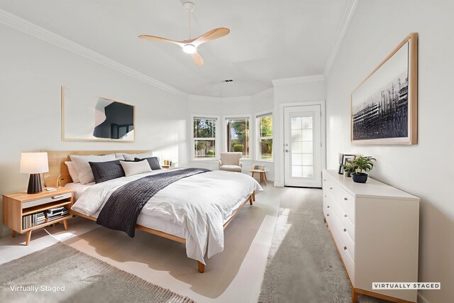 4230 Brittany Dr, Redding, CA 96002 - bedroom with crown molding, access to outside, and ceiling fan
