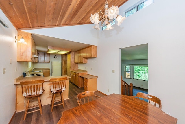 131 Northwoods Ests, Trinity Center, CA 96091 - dining area featuring dark wood-type flooring, wood ceiling, a chandelier, and vaulted ceiling