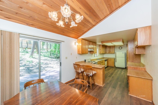 131 Northwoods Ests, Trinity Center, CA 96091 - kitchen featuring white appliances, lofted ceiling, a peninsula, a chandelier, and light countertops