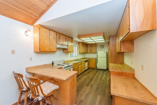 131 Northwoods Ests, Trinity Center, CA 96091 - kitchen featuring white appliances, under cabinet range hood, a peninsula, dark wood-type flooring, and vaulted ceiling