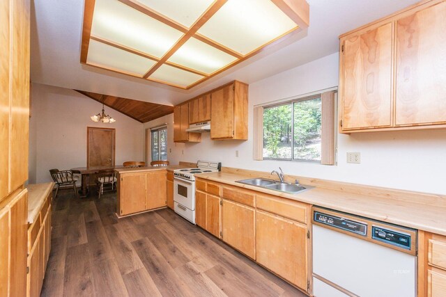 131 Northwoods Ests, Trinity Center, CA 96091 - kitchen featuring white appliances, under cabinet range hood, light countertops, dark wood-style floors, and vaulted ceiling