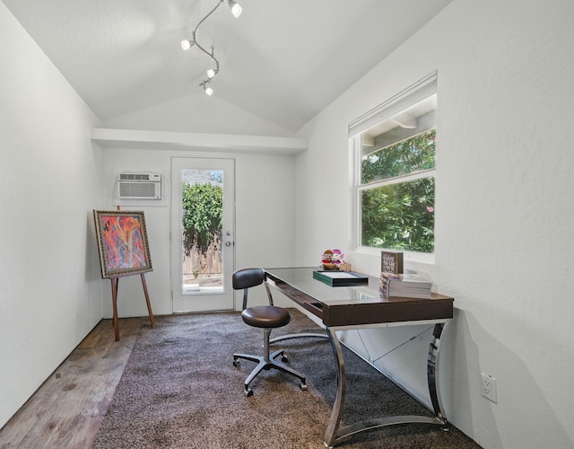 4050 Oro Ct, Redding, CA 96001 - office area with a wall mounted air conditioner, wood finished floors, lofted ceiling, and rail lighting