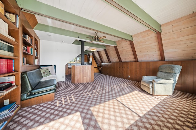 10268 Deschutes Rd, Palo Cedro, CA 96073 - unfurnished room featuring carpet flooring, wood walls, ceiling fan, and wood ceiling