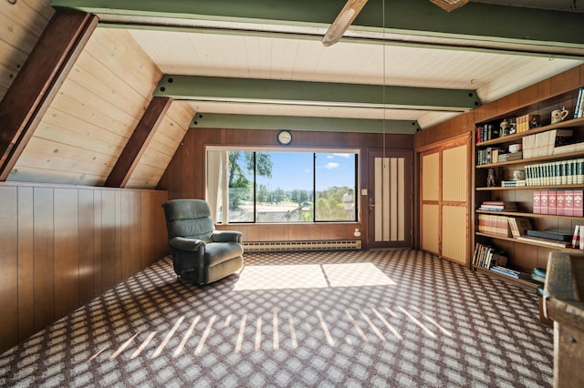 10268 Deschutes Rd, Palo Cedro, CA 96073 - unfurnished room featuring wood walls, a baseboard radiator, carpet flooring, and wood ceiling