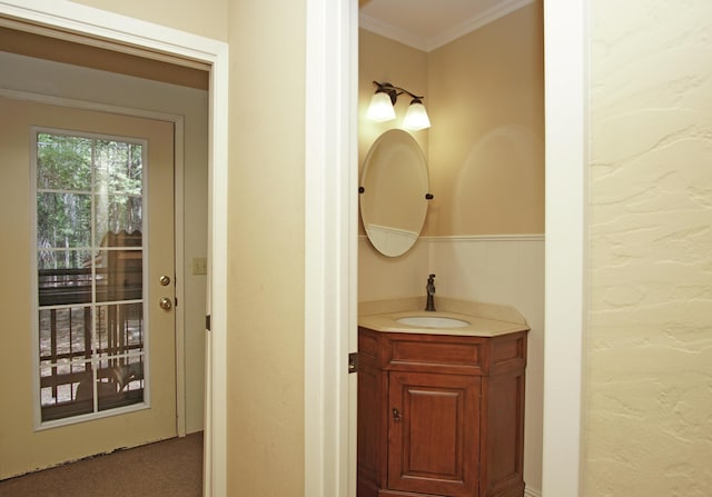 9259 Kings Ct, Shingletown, CA 96088 - bathroom with vanity and ornamental molding