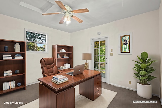 2040 Sonoma St, Redding, CA 96001 - office area with healthy amount of natural light, dark carpet, and ceiling fan