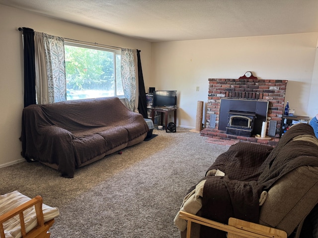 2580 Old Alturas Rd, Redding, CA 96003 - carpeted living area with baseboards and a wood stove